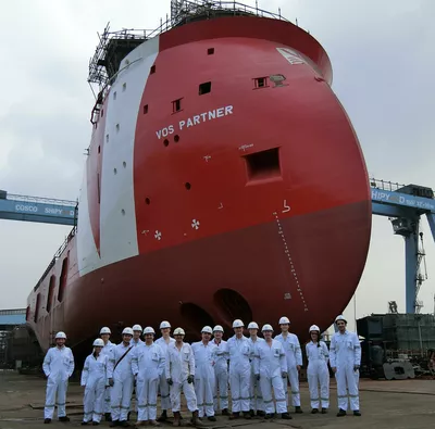 VOS Partner, a PX121 platform supply design featuring the X-BOW hull line design. Photo is taken at the Cosco Guangdong Shipyard.