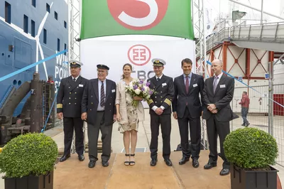 The lady sponsor, masters and representatives of the owners at the naming of the Windea La Cour.