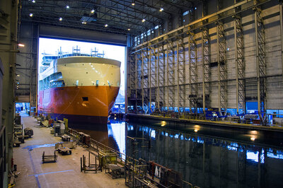 Yno 302 at Ulstein Verft being launched from the dock hall