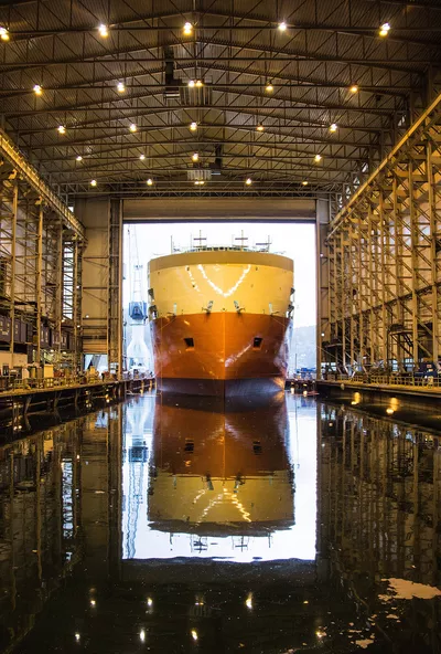 Yno 302 at Ulstein Verft being launched from the dock hall