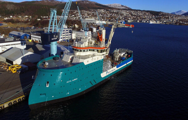 Acta Auriga quayside from air with Ulsteinvik in the background.