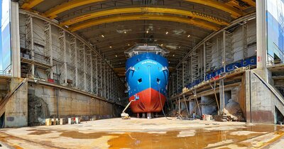 The SOV vessel Windea La Cour under construction in the dock hall at Ulstein Verft.