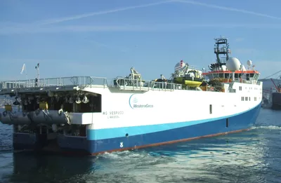 The seismic survey vessel 'WG Vespucci' of the ULSTEIN SX124 design.