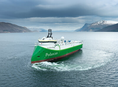 A seismic X-BOW vessel, the Polarcus Amani of the SX134 design, designed and built by Ulstein. (photo by Per Eide Studio).