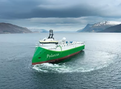 A seismic X-BOW vessel, the Polarcus Amani of the SX134 design, designed and built by Ulstein. (photo by Per Eide Studio).
