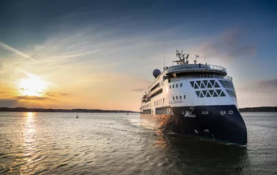 An ULSTEIN CX103 design, the expedition cruise vessel Ocean Explorer, arriving Poole, UK. Courtesy of SunStone Ships/Vantage Travel.