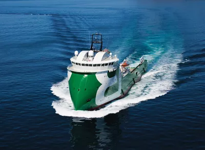 The anchor handling tug supply vessel 'Bourbon Orca' is the first X-BOW vessel, delivered in 2006. Photo: Stills Studio
