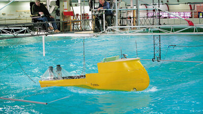 Testing of the first X-BOW vessel, the hull of 'Bourbon Orca', at Marintek, Trondheim. Photo: Tony Hall