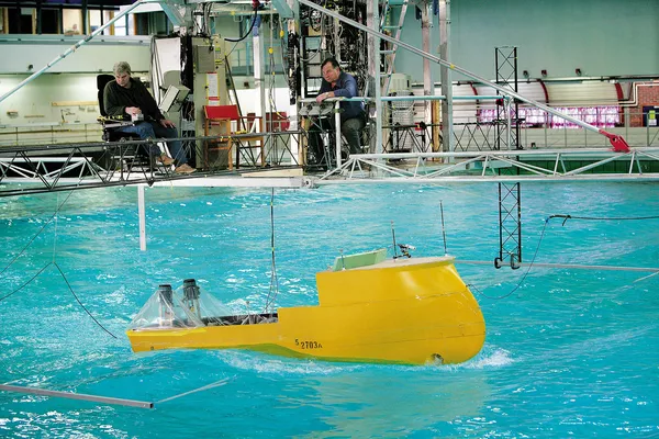 Testing of the first X-BOW vessel, the hull of 'Bourbon Orca', at Marintek, Trondheim. Photo: Tony Hall