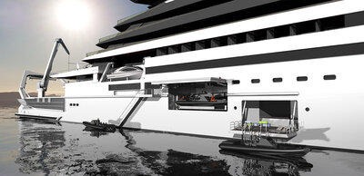 A CX127 Yacht and tenders as seen from starboard side.