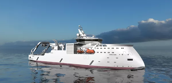 ULSTEIN SX228 as seen from starboard fore, a cable layer for fibre optic cabling.