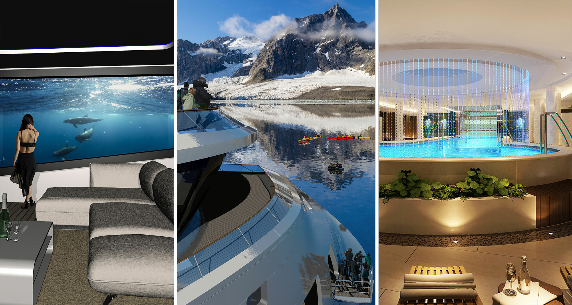 Spacious lounges, topside and wing observation decks, and spa interior - all three can be opted in on our cruise ships. Spacious lounges, topside and wing observation decks, and spa interior - all three can be opted in on our cruise ships.